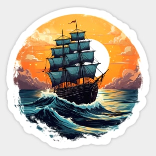 A vintage looking ship sails across the giant waves in a sunset enviornment 2 Sticker